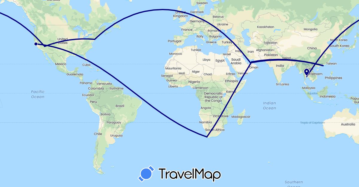 TravelMap itinerary: driving in United Arab Emirates, China, Thailand, United States, South Africa (Africa, Asia, North America)